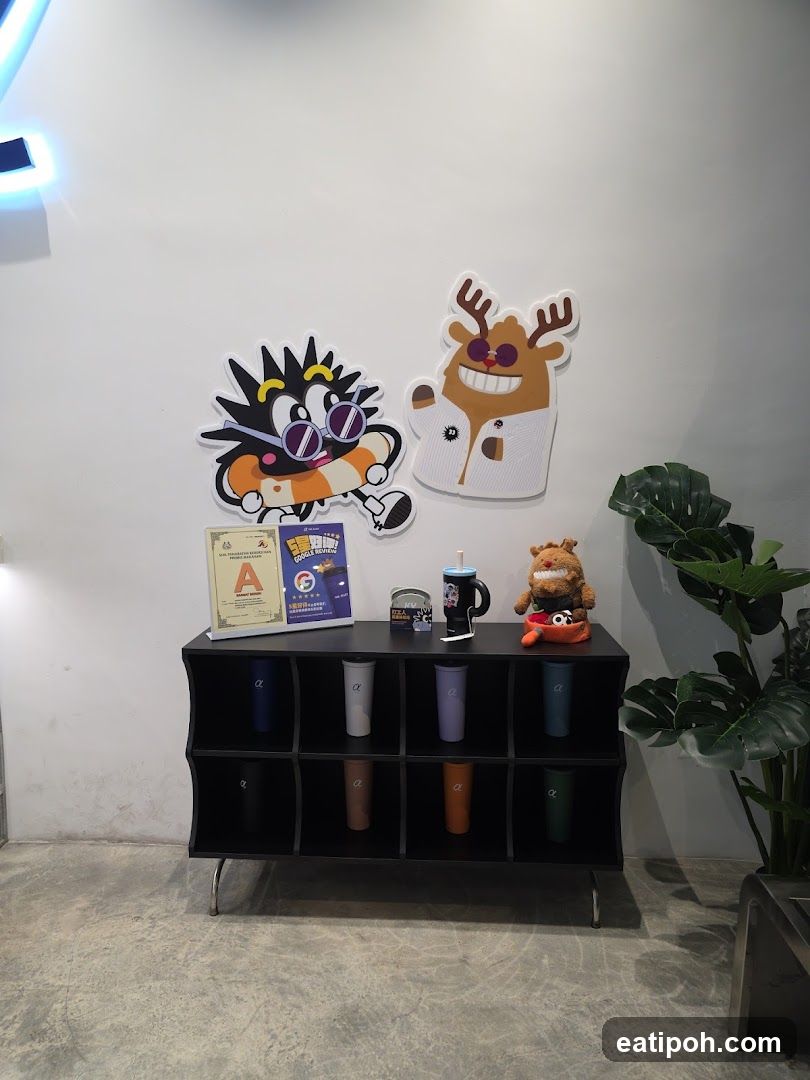 Display shelf with cartoon characters and cups