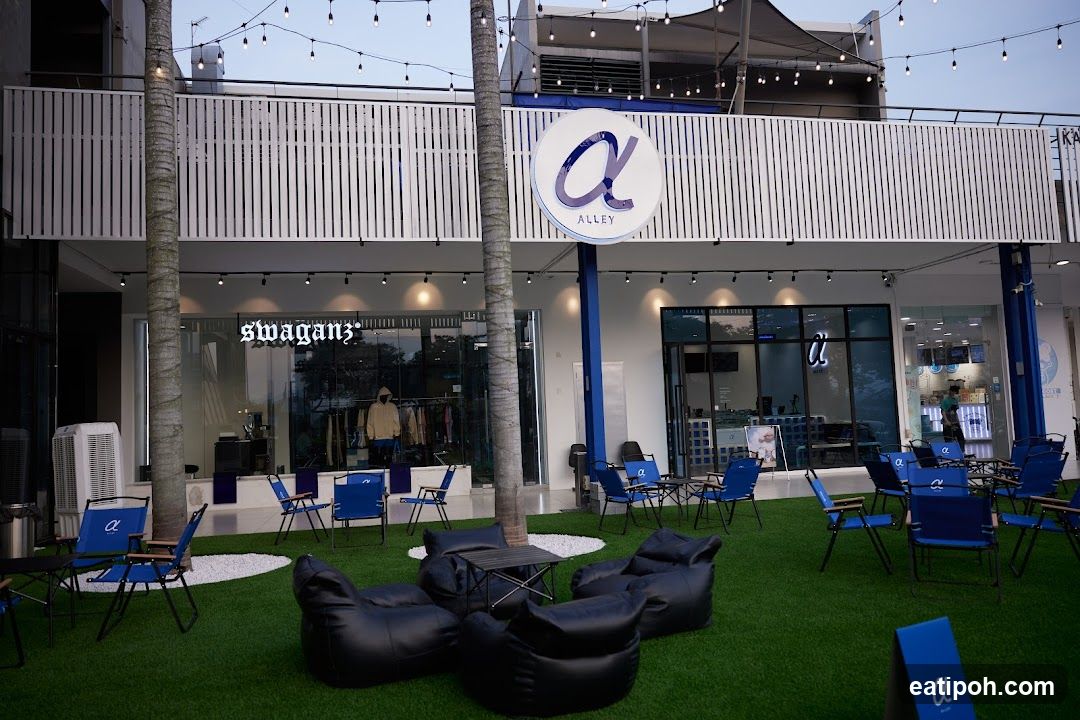 Outdoor seating area with shops