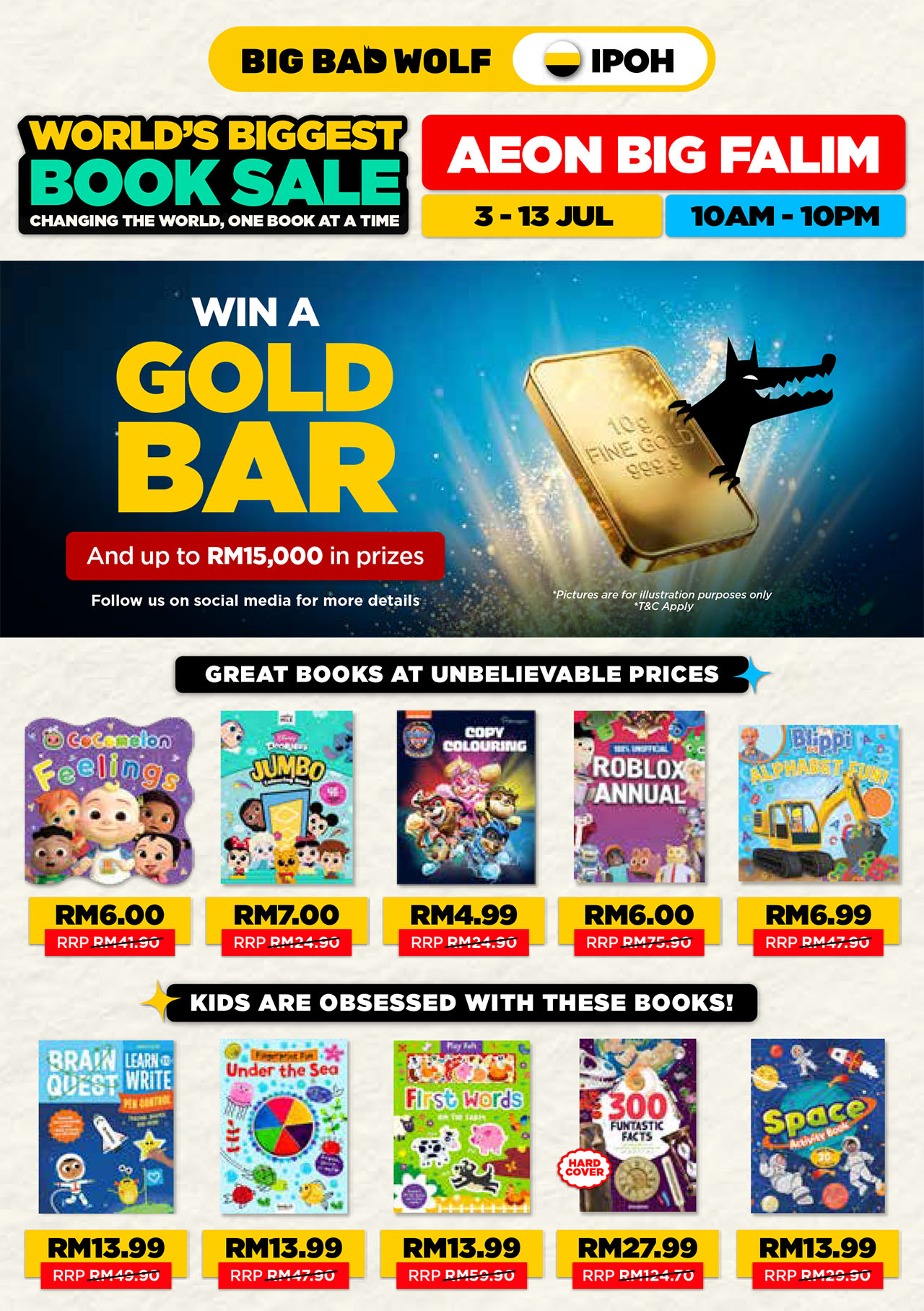 Valcambi 10-gram gold bar grand prize display at the Big Bad Wolf Book Sale Ipoh 2026