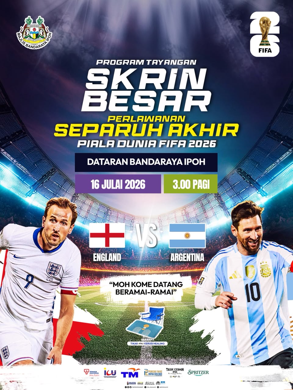 MBI official poster advertising the World Cup final screening at Dataran Bandaraya Ipoh on 19 July 2026